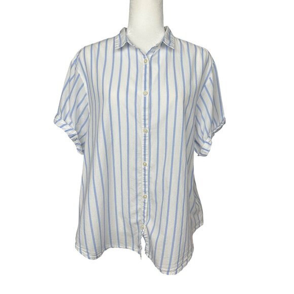 GAP Blue White Striped Button Front Short Sleeve Shirt Womens Large Boxy Casual - Picture 4 of 7